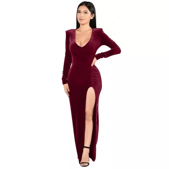 Dresses | Elegant Wine Red Velvet Long Sleeve Dress | Poshmark
